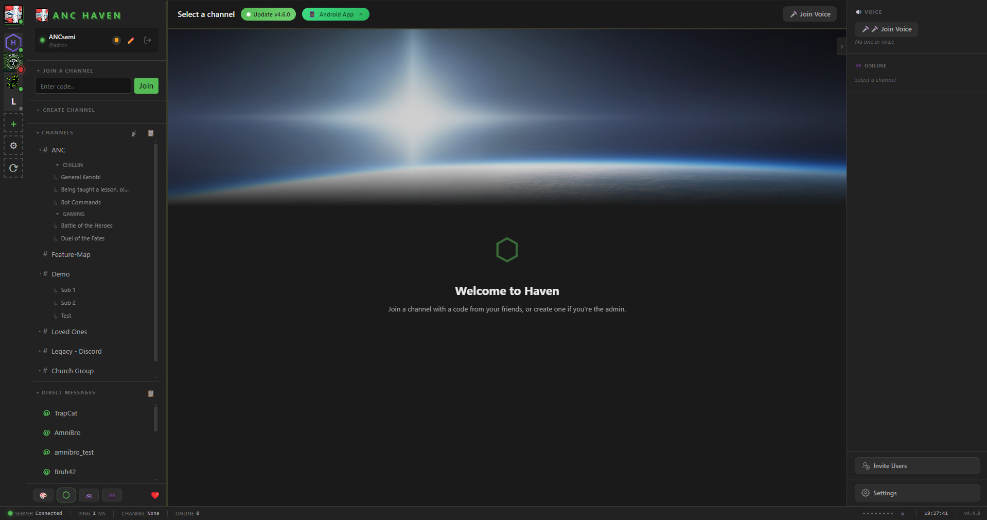 Haven's default theme: channels and DMs on the left, the member list on the right