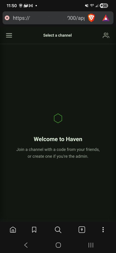 Haven's welcome screen in a phone browser